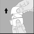 Una mano solleva verso l'alto un tappo bianco del dispositivo medico, indicato da una freccia rivolta verso l'alto su sfondo grigio