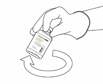 One hand holding a medication bottle being shaken vigorously, indicated by a curved arrow at the bottom beneath the container
