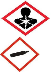 Dos rombos rojos sobre fondo blanco, el superior muestra la silueta negra de una persona con una fractura en el tórax, el inferior muestra una botella de gas negra