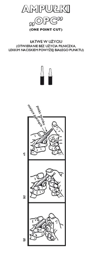 Instrucciones de uso de las ampollas OPC con la leyenda 'fácil de usar' y un esquema de tres pasos que muestra manos abriendo la ampolla mediante presión por encima del punto blanco