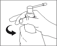 Manos sosteniendo un inhalador o spray blanco, con una flecha negra que indica un movimiento giratorio del dispositivo en sentido antihorario