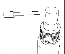 Dibujo esquemático en blanco y negro de la parte superior de un frasco con dispensador y una boquilla larga y estrecha para la aplicación del medicamento o spray