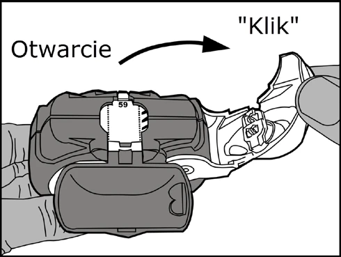 Hands opening a medical device by pivoting the upper part away from the 'Click' label, arrow indicating the direction of movement from the 'Opening' label