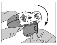 Gloved hands holding a syringe, with a black arrow indicating a downward rotational movement of the device to prepare it for use