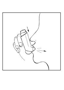 Side view of a person holding an inhaler at the mouth, arrows indicating the pressing motion of the device and the direction of expelled air