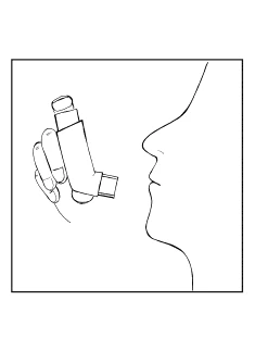 Linea del profilo del viso di una persona che tiene l'inalatore in mano, posizionato vicino alla bocca per eseguire l'inalazione del farmaco