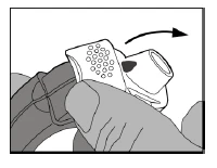 Hand holding a white inhaler, with the upper part containing openings being moved to the right, as indicated by an arrow above the device