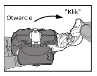 Hands holding a medical device, arrow indicating rightward motion labeled 'Opening' accompanied by the sound 'Click'