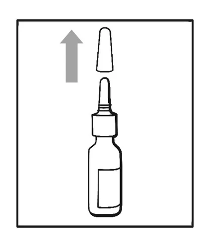 Instrucción esquemática que muestra la separación o retirada de la parte superior de la tapa del frasco del medicamento, indicada por una flecha gris dirigida hacia arriba