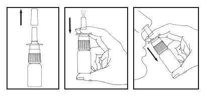 Tre schemi che mostrano la rimozione del cappuccio, il posizionamento del farmaco e un esempio di utilizzo dell'inhalatore alla bocca del paziente