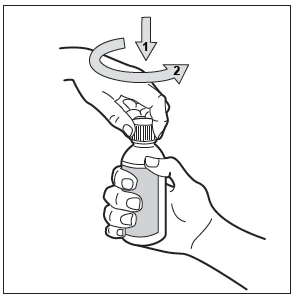Two hands holding a medicine bottle, one hand performing a twisting motion of the cap in the direction of arrows pointing downward and sideways