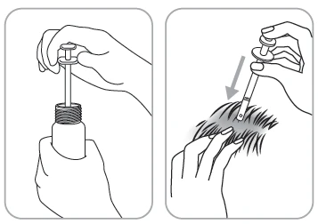 Two illustrations showing hands preparing and inserting the needle of a medical device into the scalp at an angle indicated by an arrow