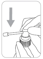 Hands holding a bottle with a dispenser, the upper hand pressing the plunger downward, with a gray arrow indicating the downward direction of movement