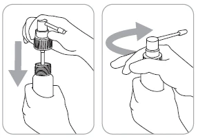 Two drawings showing hands: the left one attaching a tip to the device, the right one making a twisting motion to secure it