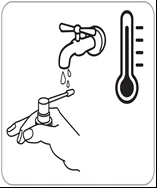 A hand holding a bottle under a running tap next to a thermometer, suggesting the need to wash hands and monitor water temperature