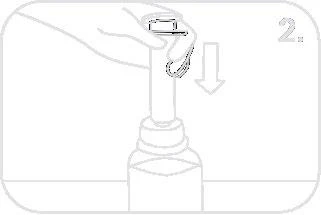 Mano sosteniendo un recipiente blanco con una tapa que debe deslizarse hacia abajo en dirección de la botella, lo que indica la flecha junto al número 2