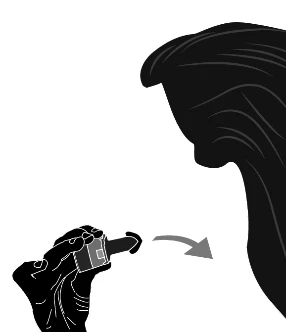 Sagoma nera di una mano che tiene un piccolo contenitore con un applicatore, che una freccia indica rivolto verso la sagoma della testa e dei capelli di una persona