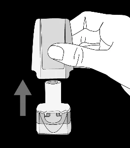 Mano che tiene la parte superiore del dispositivo che deve essere spostata verticalmente verso l'alto, separandola dalla parte inferiore dell'involucro indicata dalla freccia