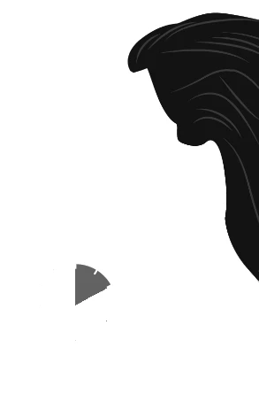 A black silhouette of wavy hair on the right side and a small gray triangle pointing to the right on a white background