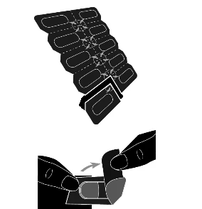 Hands separating a sheet of medical patches by peeling off a single unit from the rest, indicated by arrows showing direction of movement
