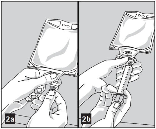 Dos ilustraciones que muestran las manos preparando el medicamento: primero desenroscando la tapa de la bolsa con líquido, luego insertando la aguja de la jeringa en el puerto de la bolsa
