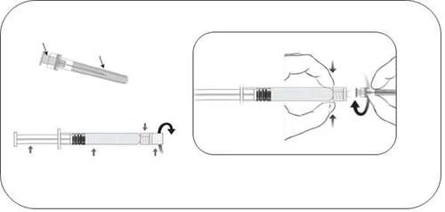 Schema delle istruzioni per l'uso della siringa con due fasi: preparazione dell'ago e processo di svitamento del tappo da parte delle mani dell'utente