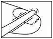 Schematic black-and-white illustration showing a hand holding a long, flat object angled toward a circular object