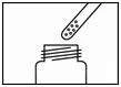 Black line illustration showing puncturing or opening a medication vial using a special tool or dispenser tip