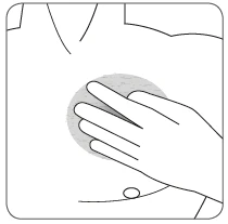 Illustration showing a hand placed flat on a person's abdomen, covering a gray circular area located around the navel region