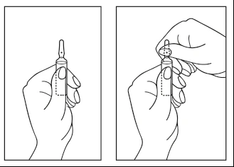 Due disegni in bianco e nero che raffigurano mani che impugnano una fiala di medicinale; nel secondo disegno, una seconda mano sta svitando o rimuovendo il tappo dalla fiala