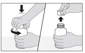 Dos manos desenroscando la tapa del frasco con un movimiento giratorio, mientras la otra mano levanta la tapa verticalmente hacia arriba, alejándola de la boca del frasco
