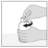 Two hands holding a white vial, one hand gripping the cap and the other the base, with an arrow indicating counter-clockwise unscrewing motion