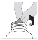 A hand removing a protective seal or cap from the threaded neck of a bottle, with the direction of motion indicated by a black arrow