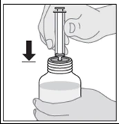 Hands holding a glass vial with liquid and a syringe, with one hand inserting the needle vertically through the rubber stopper into the container