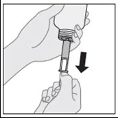 Two hands holding a syringe with a needle, a black arrow indicating the downward movement of the needle toward the index finger of the other hand