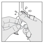 Two hands holding a syringe, one hand pressing the plunger to expel air or medication, represented by lines radiating from the needle tip