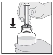 A hand holding a syringe vertically, inserting the needle into the rubber stopper of a vial containing liquid, indicated by a black downward-pointing arrow