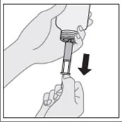 Two hands holding a syringe, one hand stabilizing the upper part while the other guides the needle downward in the direction of a black directional arrow