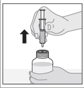A hand holding a syringe vertically lifting it upward above the vial opening, held by the other hand, with a black upward-pointing arrow visible nearby