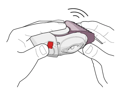 Due mani tengono un dispositivo medico bianco e viola, con linee nere sopra la parte superiore che simboleggiano vibrazioni o suono