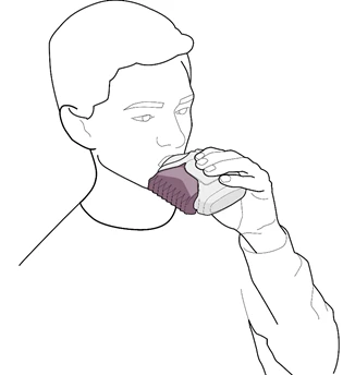 Disegno lineare di un uomo che tiene in mano una piccola tazza e beve un liquido o assume un medicinale
