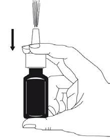 A hand holding a dark bottle with a dropper, the syringe spraying fine droplets of liquid upward, with a black arrow pointing downward next to it