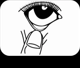 Black line drawing depicting a human eye with long eyelashes and an index finger pointing toward the lower eyelid
