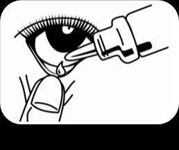 Black cartoon illustration showing a drop of medication falling from a pipette into an open human eye with visible eyelashes and a finger beneath the eyelid