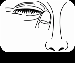 Black linear drawing depicting a human eye with a closed eyelid and eyelashes, along with part of the nose and cheek next to a finger