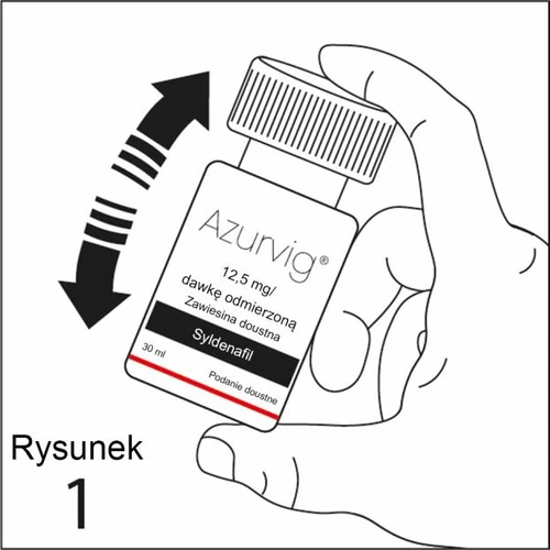 Hand holding a bottle of Azurvig 12.5 mg medication containing sildenafil, with a black arrow indicating the rotational movement of the cap to unscrew it