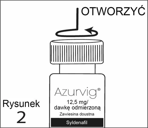 Schematic instruction for opening the bottle of Azurvig 12.5 mg medication containing sildenafil, showing the cap with a black rotation arrow and the label OPEN