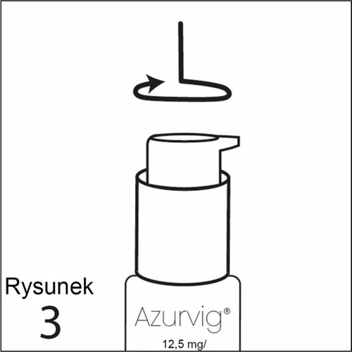 Schematic instruction for rotating the cap of the Azurvig 12.5 mg medication bottle in the direction indicated by the curved arrow above the dosing dispenser