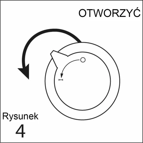 Black arrow indicating counter-clockwise rotation direction above a circular device element labeled OPEN and drawing number 4