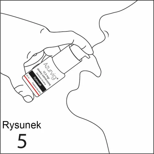 Black-and-white illustration showing a hand holding a bottle of Azurvig 12.5 mg medication and placing its cap to a person's mouth for oral administration